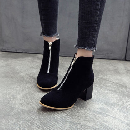 Women Zip Chunky High Heel Short Boots