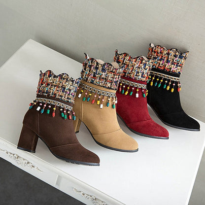 Women Tassel Chunky High Heel Short Boots