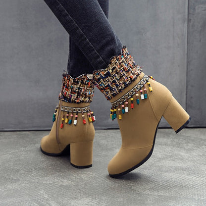 Women Tassel Chunky High Heel Short Boots