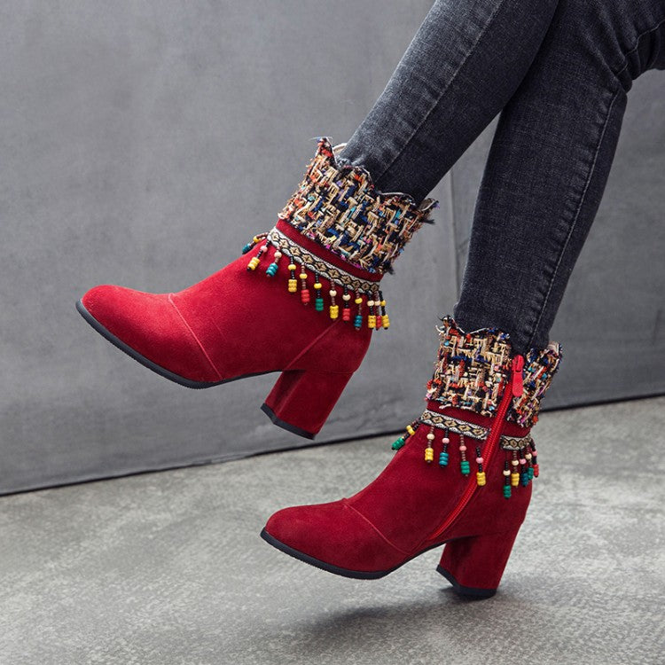 Women Tassel Chunky High Heel Short Boots