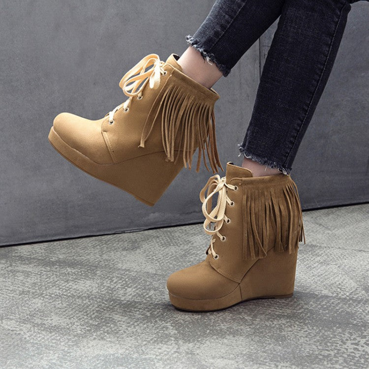 Women Tassel Wedges High Heel Short Boots