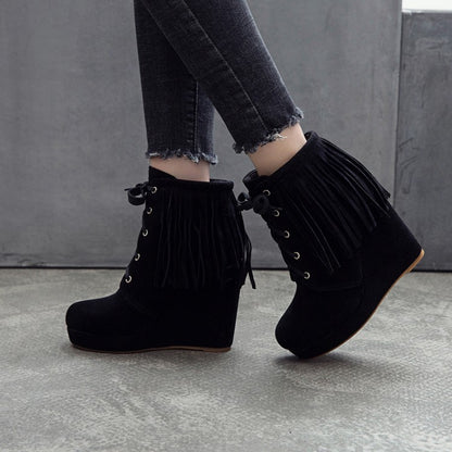 Women Tassel Wedges High Heel Short Boots