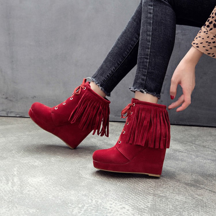 Women Tassel Wedges High Heel Short Boots