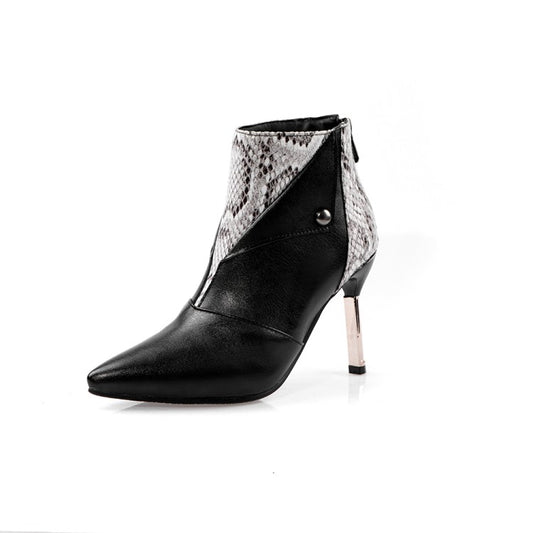 Women Snake Pinted Patchwork Rivets Stiletto Heel Short Boots