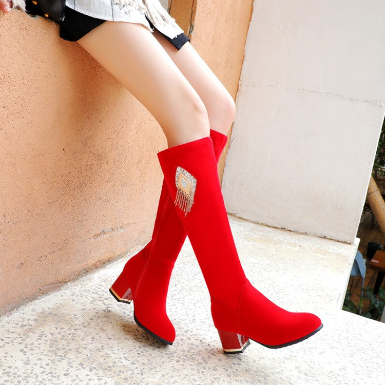 Flock Rhinestone Tassel Block Chunky Heel Knee High Boots for Women