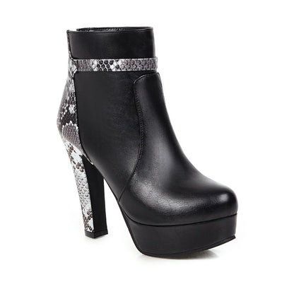 Women Pu Leather Snake Pattern Chunky Heel Platform Short Boots