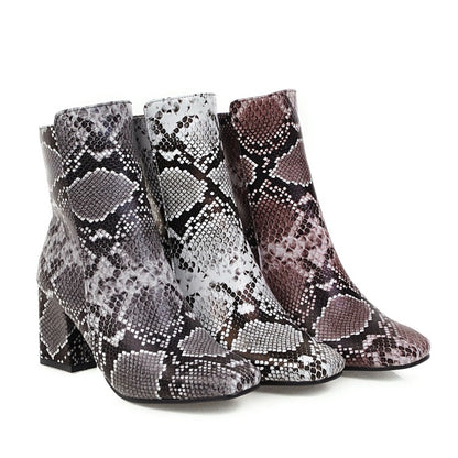 Women Snake Pattern Square Toe Side Zippers Block Heel Short Boots