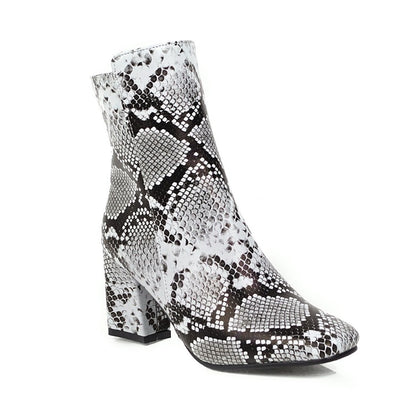 Women Snake Pattern Square Toe Side Zippers Block Heel Short Boots