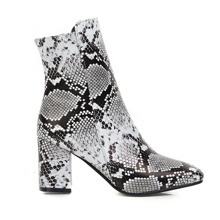 Women Snake Pattern Square Toe Side Zippers Block Heel Short Boots