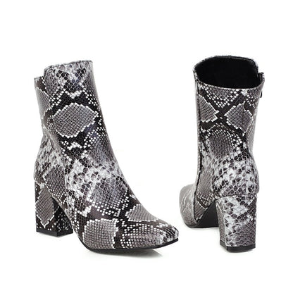 Women Snake Pattern Square Toe Side Zippers Block Heel Short Boots