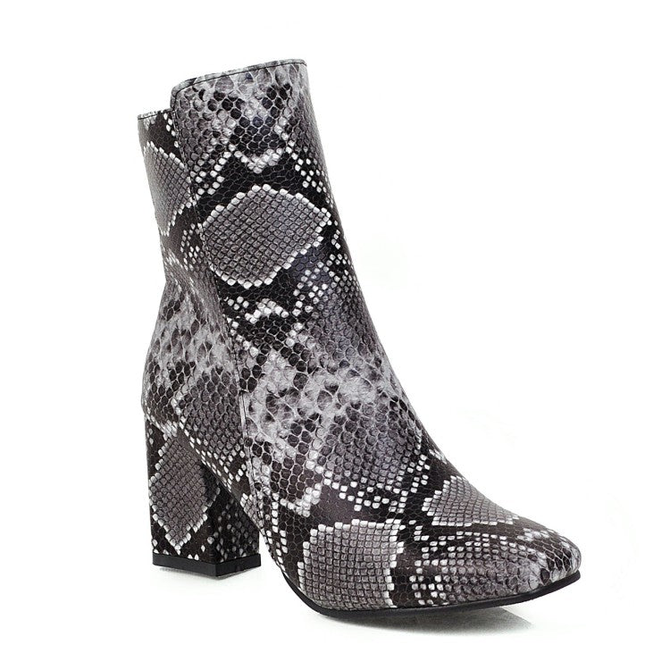 Women Snake Pattern Square Toe Side Zippers Block Heel Short Boots