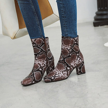 Women Snake Pattern Square Toe Side Zippers Block Heel Short Boots