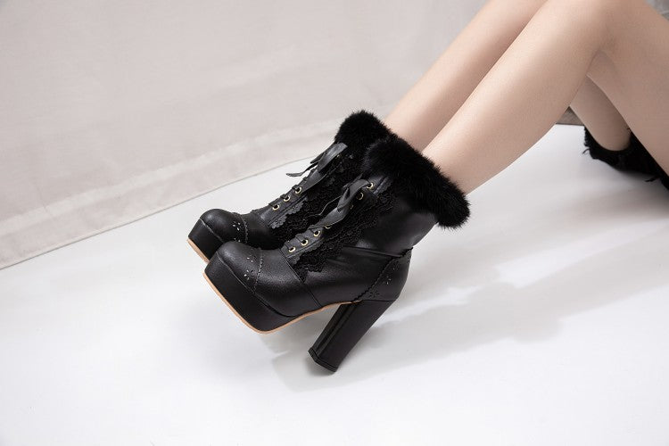 Fur Bow Tie Platform Ankle Boots High Heel Shoes