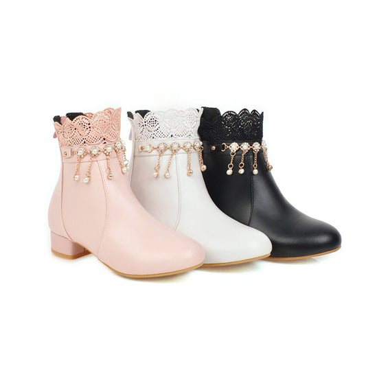 Women Lace Pearls Tassel Low Heel Short Boots