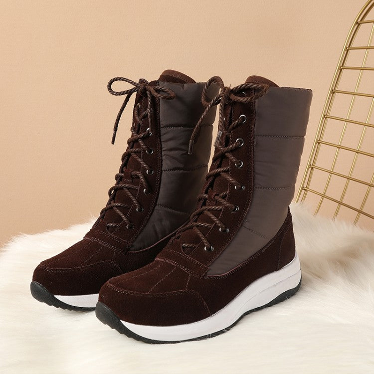 Women Leather Platform Wedges Heels Down Short Snow Boots