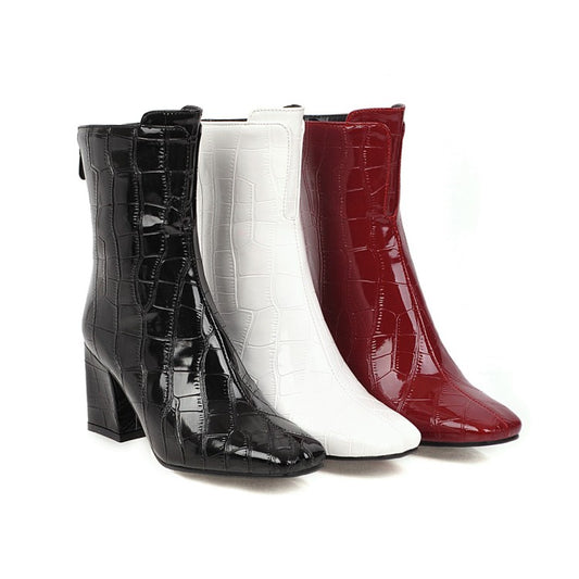 Women Crocodile Pattern Pu Leather Square Toe Block Heel Short Boots