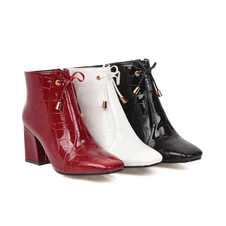 Women Square Toe Crocodile Pattern Tied Block Heel Short Boots