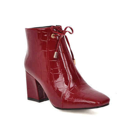 Women Square Toe Crocodile Pattern Tied Block Heel Short Boots