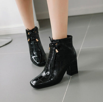 Women Square Toe Crocodile Pattern Tied Block Heel Short Boots