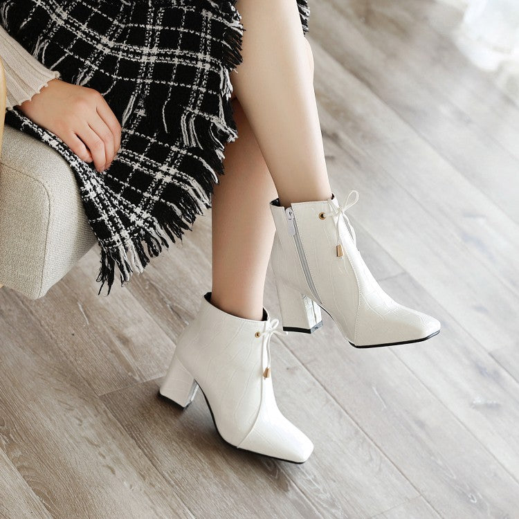 Women Square Toe Crocodile Pattern Tied Block Heel Short Boots