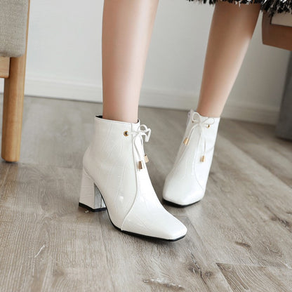 Women Square Toe Crocodile Pattern Tied Block Heel Short Boots