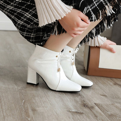 Women Square Toe Crocodile Pattern Tied Block Heel Short Boots