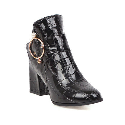 Women Glossy Crocodile Pattern Belts Buckles Block Heel Short Boots