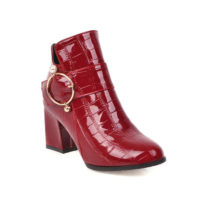 Women Glossy Crocodile Pattern Belts Buckles Block Heel Short Boots