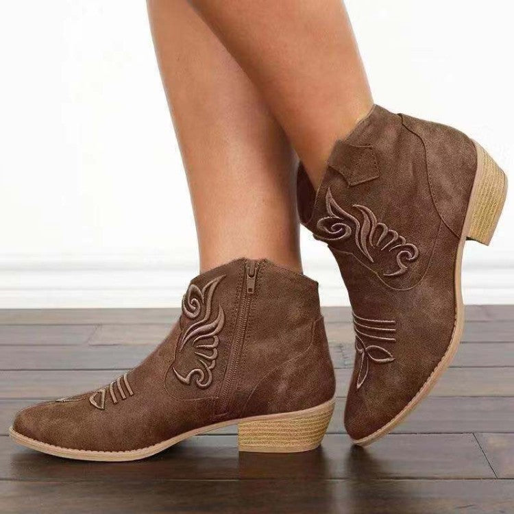 Women Pointed Toe Embroidery Side Zippers Puppy Heel Short Boots