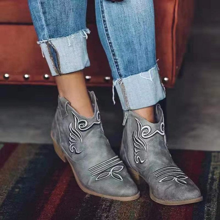 Women Pointed Toe Embroidery Side Zippers Puppy Heel Short Boots