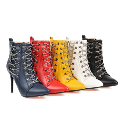 Women Pointed Toe Chain High Heel Short Boots