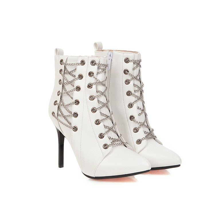 Women Pointed Toe Chain High Heel Short Boots