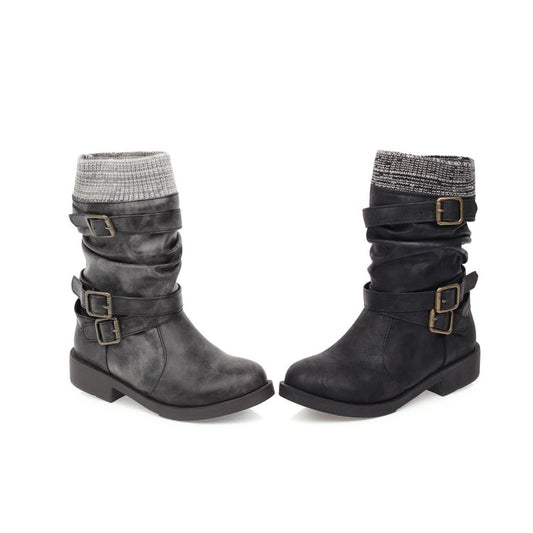 Women Buckle Low Heel Short Motorcycle Boots