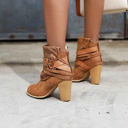 Women Buckle Belt High Heel Short Boots