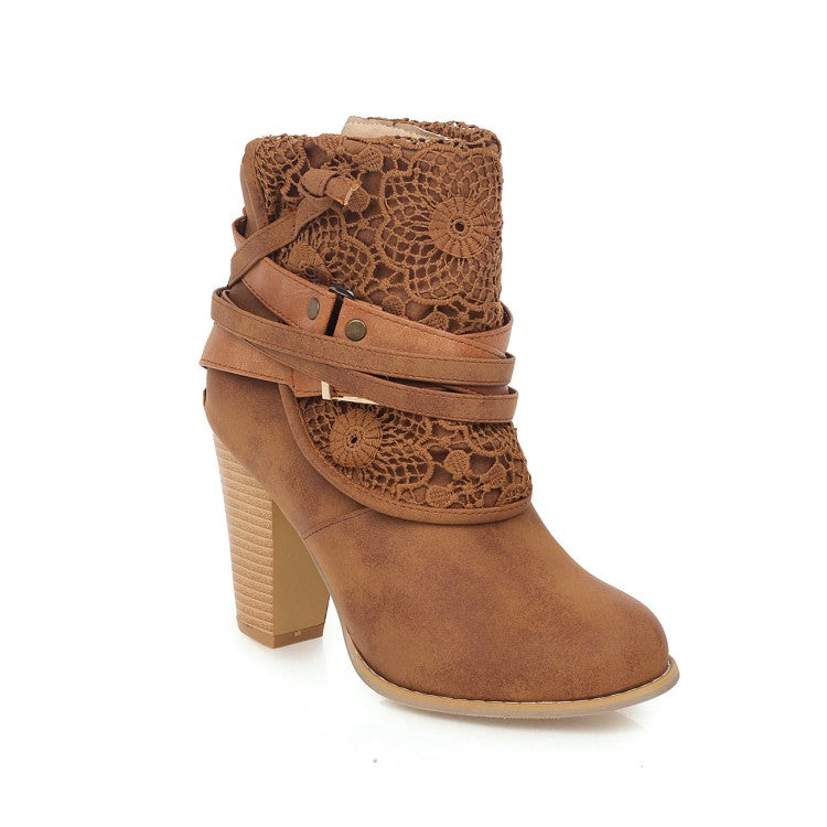 Women Buckle Belt High Heel Short Boots