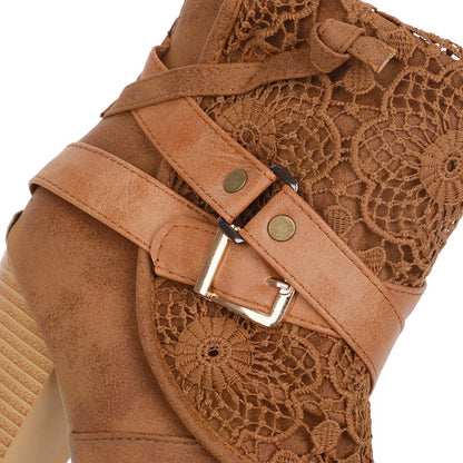 Women Buckle Belt High Heel Short Boots