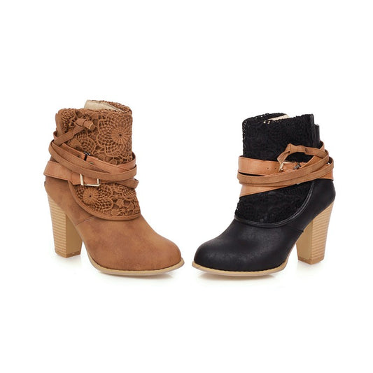 Women Buckle Belt High Heel Short Boots