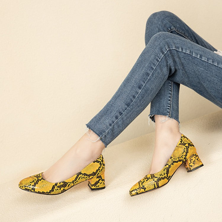 Women Snake-printed Block Heels Pumps