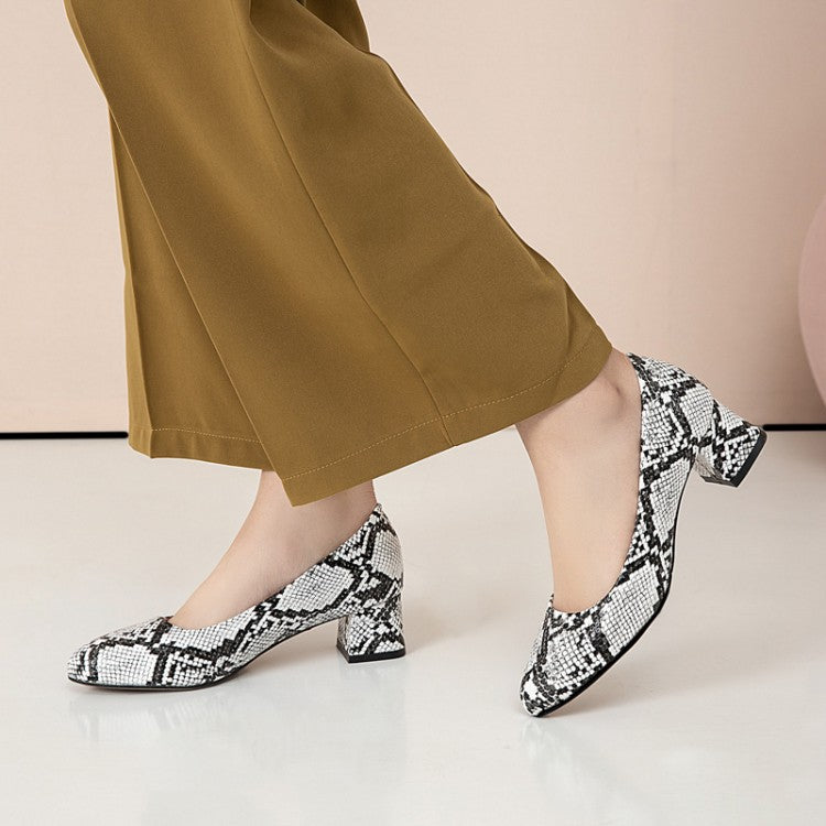 Women Snake-printed Block Heels Pumps