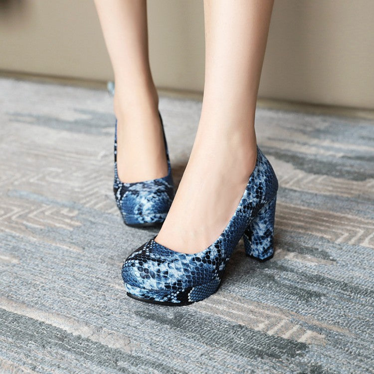 Women Printed High Heels Chunky Platform Pumps