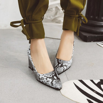 Women Snake-printed High Heels Chunky Pumps