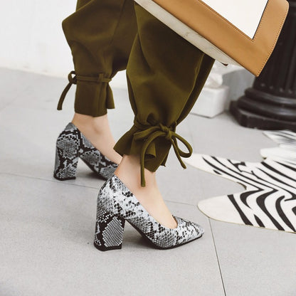 Women Snake-printed High Heels Chunky Pumps