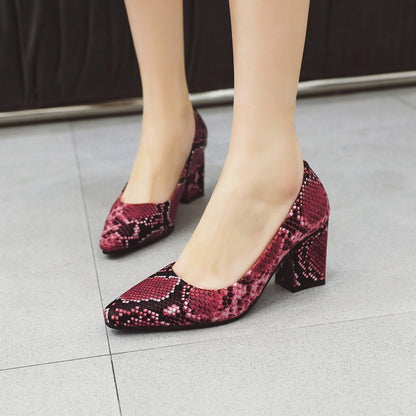 Women Snake-printed High Heels Chunky Pumps