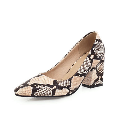 Women Snake-printed High Heels Chunky Pumps