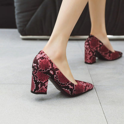 Women Snake-printed High Heels Chunky Pumps