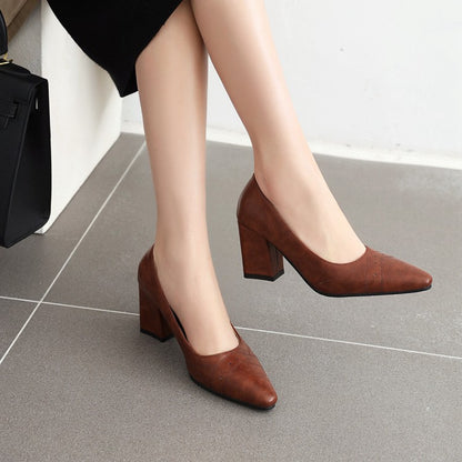 Women Pointed Toe High Heels Chunky Pumps