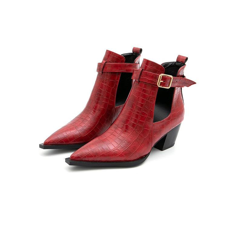 Crocodile Pattern Pointed Toe Buckle Straps Block Chunky Heel Short Boots for Women