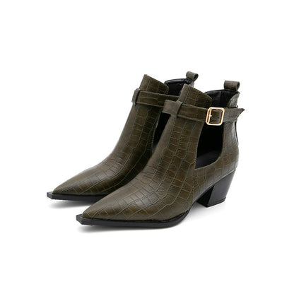 Crocodile Pattern Pointed Toe Buckle Straps Block Chunky Heel Short Boots for Women