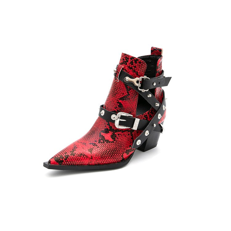 Snake-printed Pointed Toe Rivets Buckle Straps Block Chunky Heel Short Boots for Women