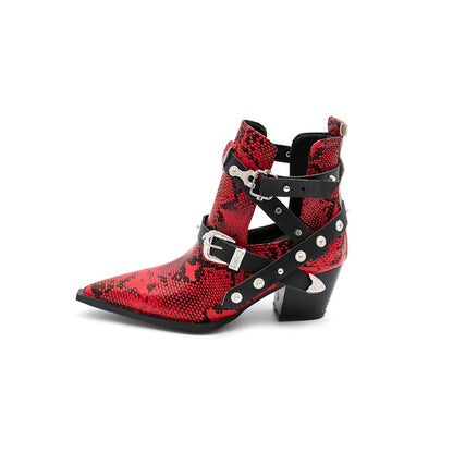 Snake-printed Pointed Toe Rivets Buckle Straps Block Chunky Heel Short Boots for Women